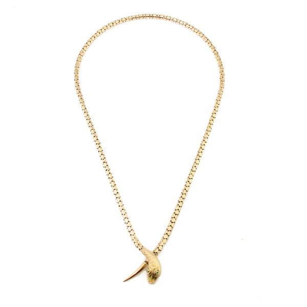 Antique Victorian Yellow Gold Snake Necklace with Tourmaline Eyes, crafted from 9ct yellow gold, Made in England, Circa 1860s