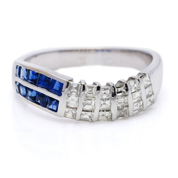 Vintage Princess Cut Diamond and Sapphire Ring in 18ct White gold
