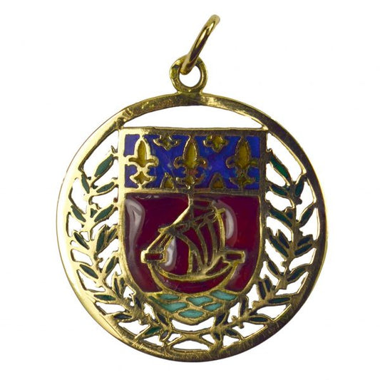 City of Paris Coat of Arms 18ct Gold and Enamel Charm Pendant; a shield comprised of a yacht or boat in full sail surrounded by a laurel wreath, enhanced by plique-a-jour enamel work