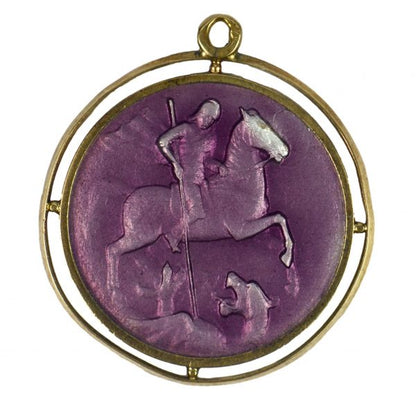 French St George Purple Enamel and 18ct Gold Medal Pendant; 18ct yellow and white gold pendant depicting St George defeating the Dragon, decorated with purple enamel and guilloche enamel to reverse