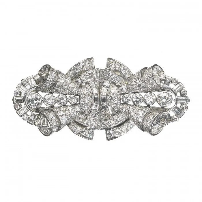 Art Deco 7ct Diamond Double Clip Brooch in Platinum
