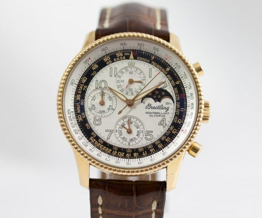 Breitling Montbrilliant Olympus Limited Edition 18ct Gold Watch; 1 of 250 pieces, 42mm 18ct pink gold case, silvery white dial, with moon phase, chronograph and calendar functions, automatic self-winding movement, on a brown leather strap with pink gold buckle, with Breitling box and chronometer papers