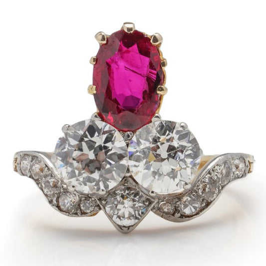 Late Art Deco 1.2ct Natural Burmese Ruby and Diamond Trefoil Ring