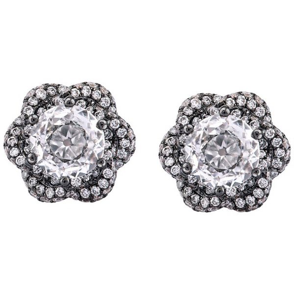 Old Cut Diamond Flower Stud Earrings, 1.91 Carat Total, 18ct Black Gold