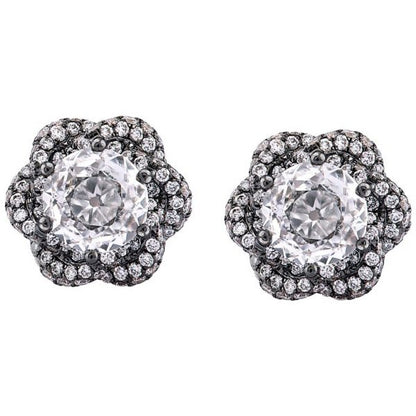 Old Cut Diamond Flower Stud Earrings, 1.91 Carat Total, 18ct Black Gold