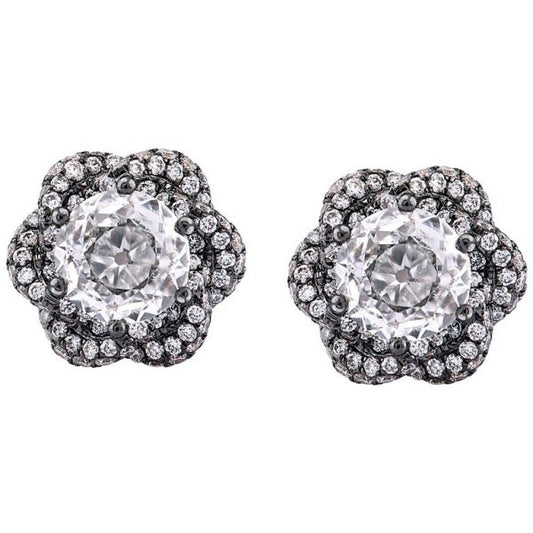 Old Cut Diamond Flower Stud Earrings, 1.91 Carat Total, 18ct Black Gold