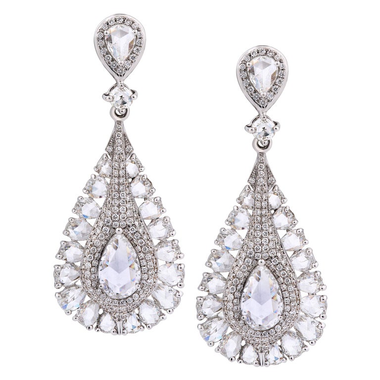 Rose Cut Diamond Teardrop Drop Earrings, 3.83 carats