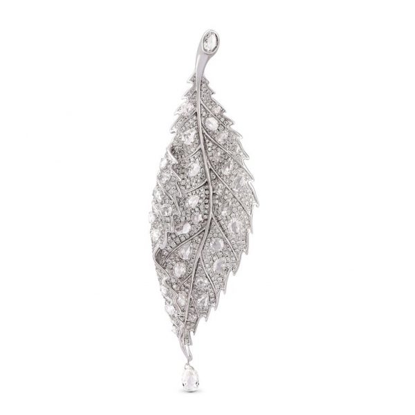 Rose Cut and Briolette Diamond Leaf Brooch, 4.13ct total, 18ct White Gold