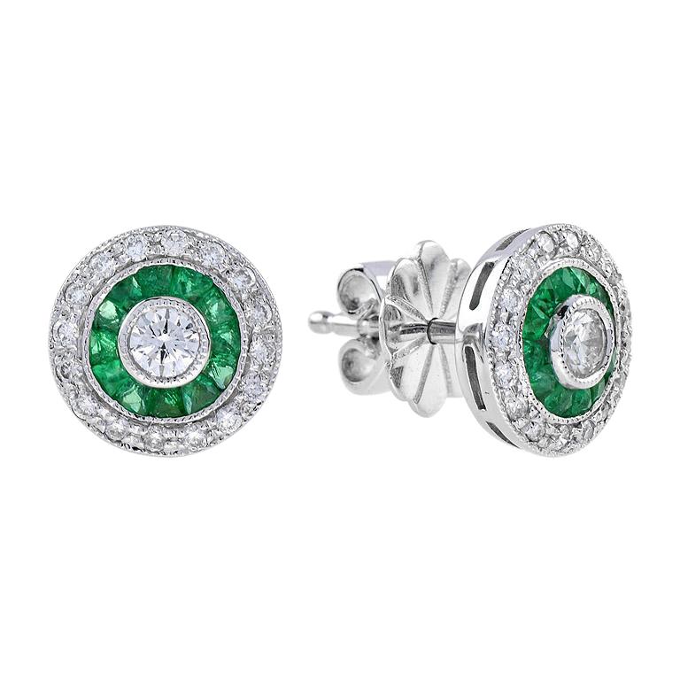 Diamond and Emerald Cluster Target Stud Earrings in 18ct White Gold