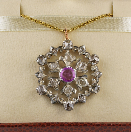 Victorian Natural Ruby Rose Cut Diamond Beautiful Flower Pendant