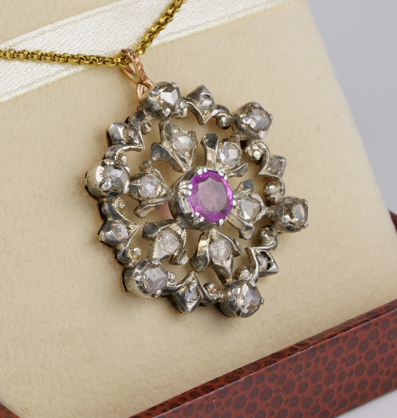 Victorian Natural Ruby Rose Cut Diamond Beautiful Flower Pendant