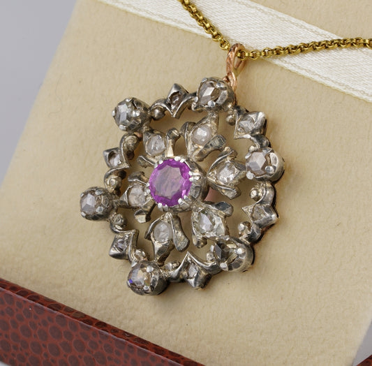 Victorian Natural Ruby Rose Cut Diamond Beautiful Flower Pendant
