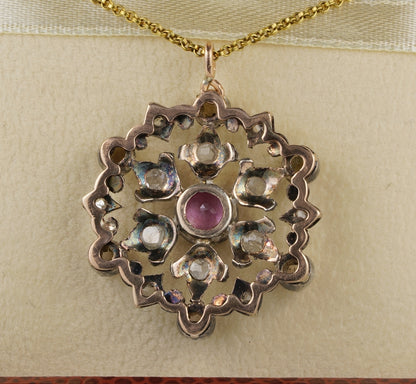 Victorian Natural Ruby Rose Cut Diamond Beautiful Flower Pendant