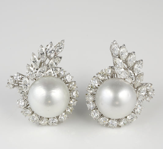 Exceptional Vintage Fifties 6.50ct Diamond and South Sea Pearl Earrings