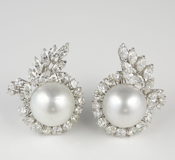 Exceptional Vintage Fifties 6.50ct Diamond and South Sea Pearl Earrings