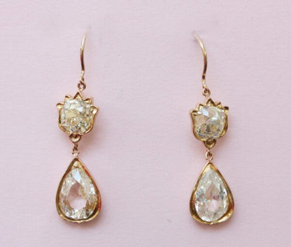 Antique Victorian 5.4cts Old Cut Pear Shaped Diamond Drop Earrings; set with old-cut round and pear-shaped diamonds, 5.40 carat total, in 18ct yellow gold