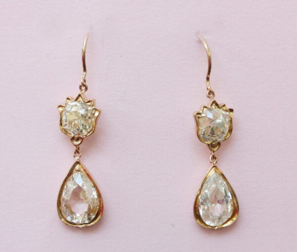Antique Victorian 5.4cts Old Cut Pear Shaped Diamond Drop Earrings; set with old-cut round and pear-shaped diamonds, 5.40 carat total, in 18ct yellow gold