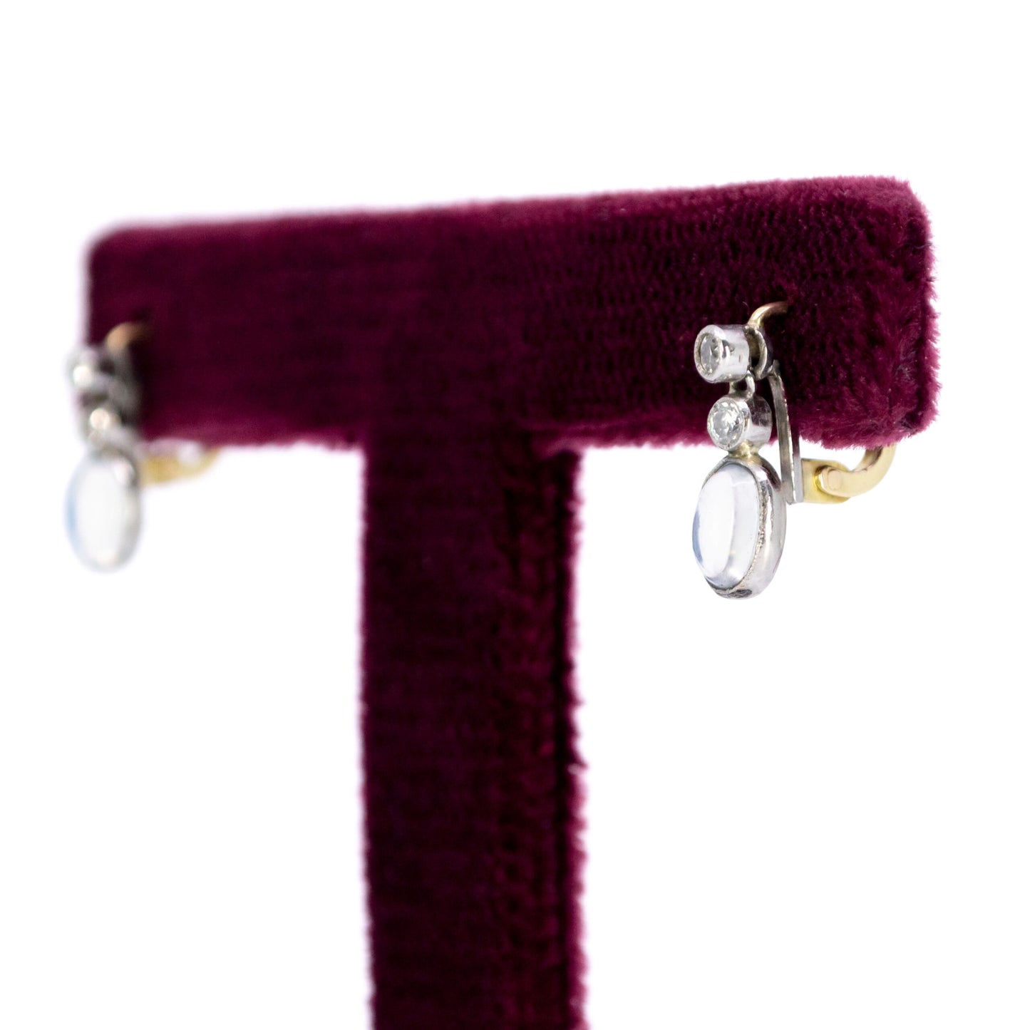 Vintage Platinum, 14 Carat Yellow Gold, Diamond and Moonstone Dormeuse Earrings