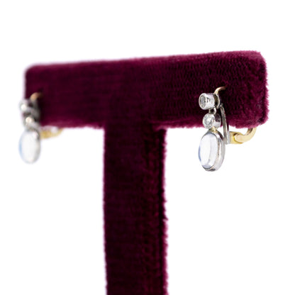 Vintage Platinum, 14 Carat Yellow Gold, Diamond and Moonstone Dormeuse Earrings