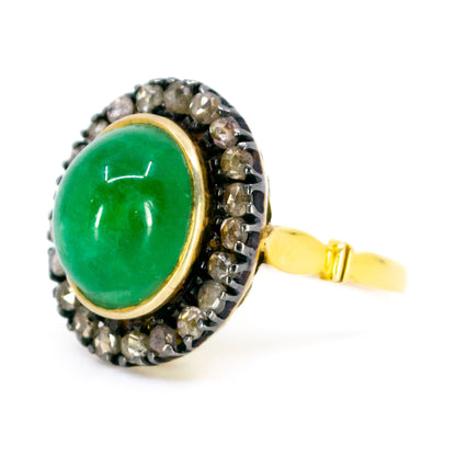 Vintage 14 Carat Yellow Gold, Silver, Emerald and Diamond Oval Cluster Ring