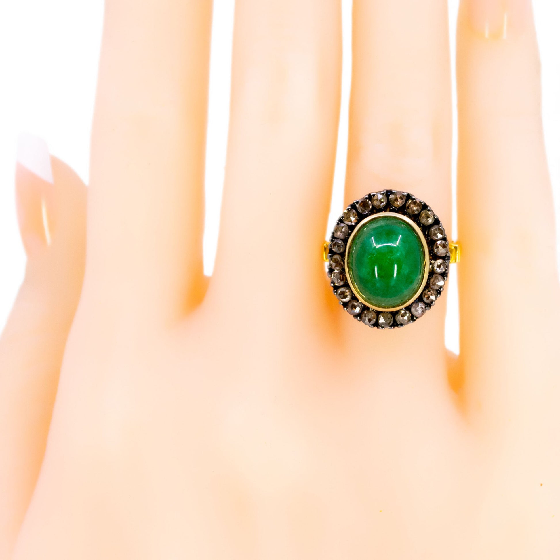 Vintage 14 Carat Yellow Gold, Silver, Emerald and Diamond Oval Cluster Ring