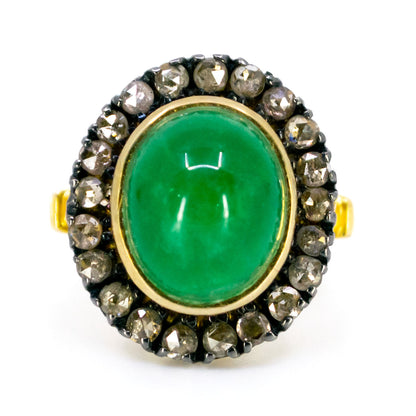 Vintage 14 Carat Yellow Gold, Silver, Emerald and Diamond Oval Cluster Ring