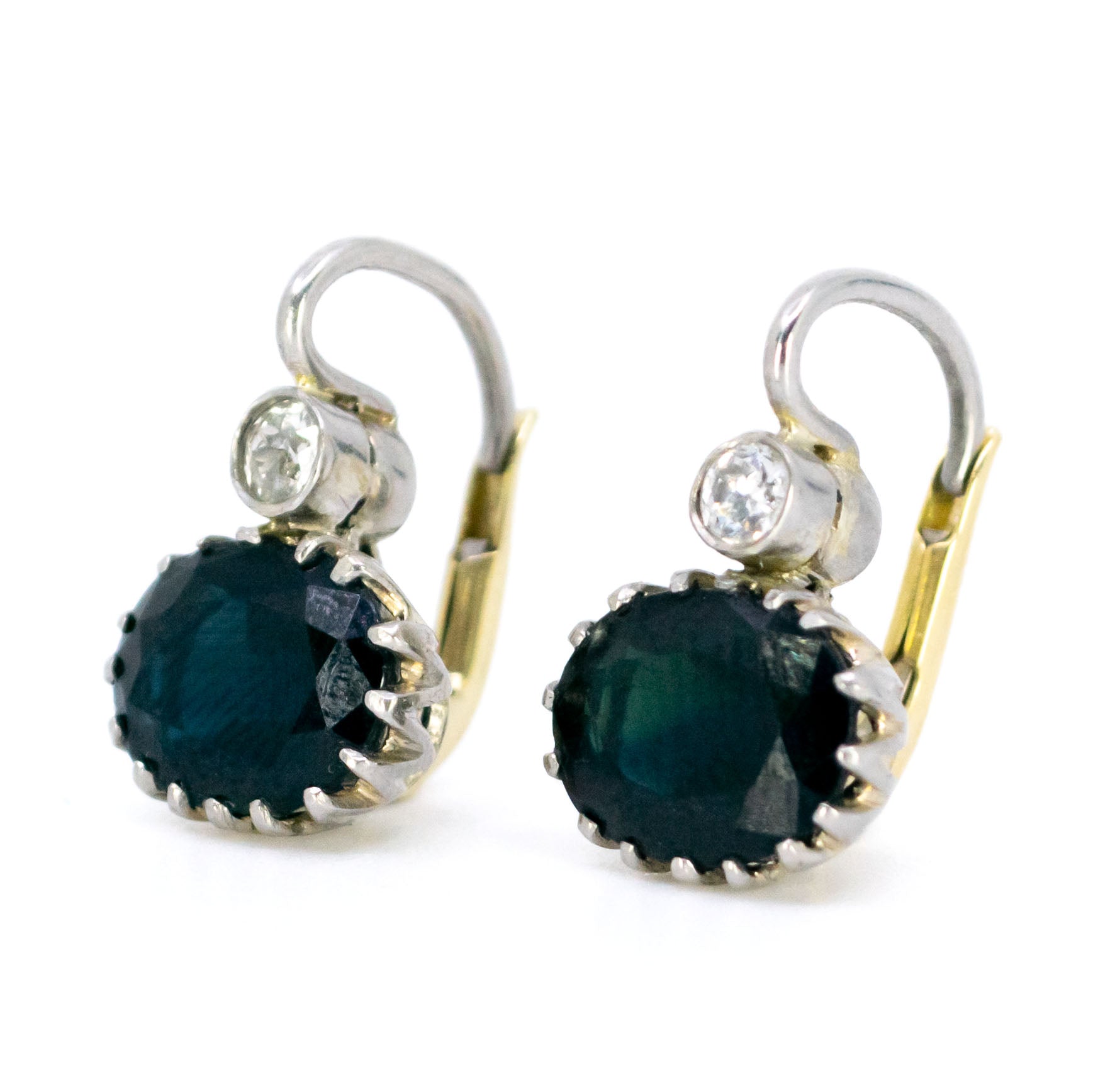 Vintage Platinum, 14 Carat Gold, Sapphire and Diamond Pendant Earrings