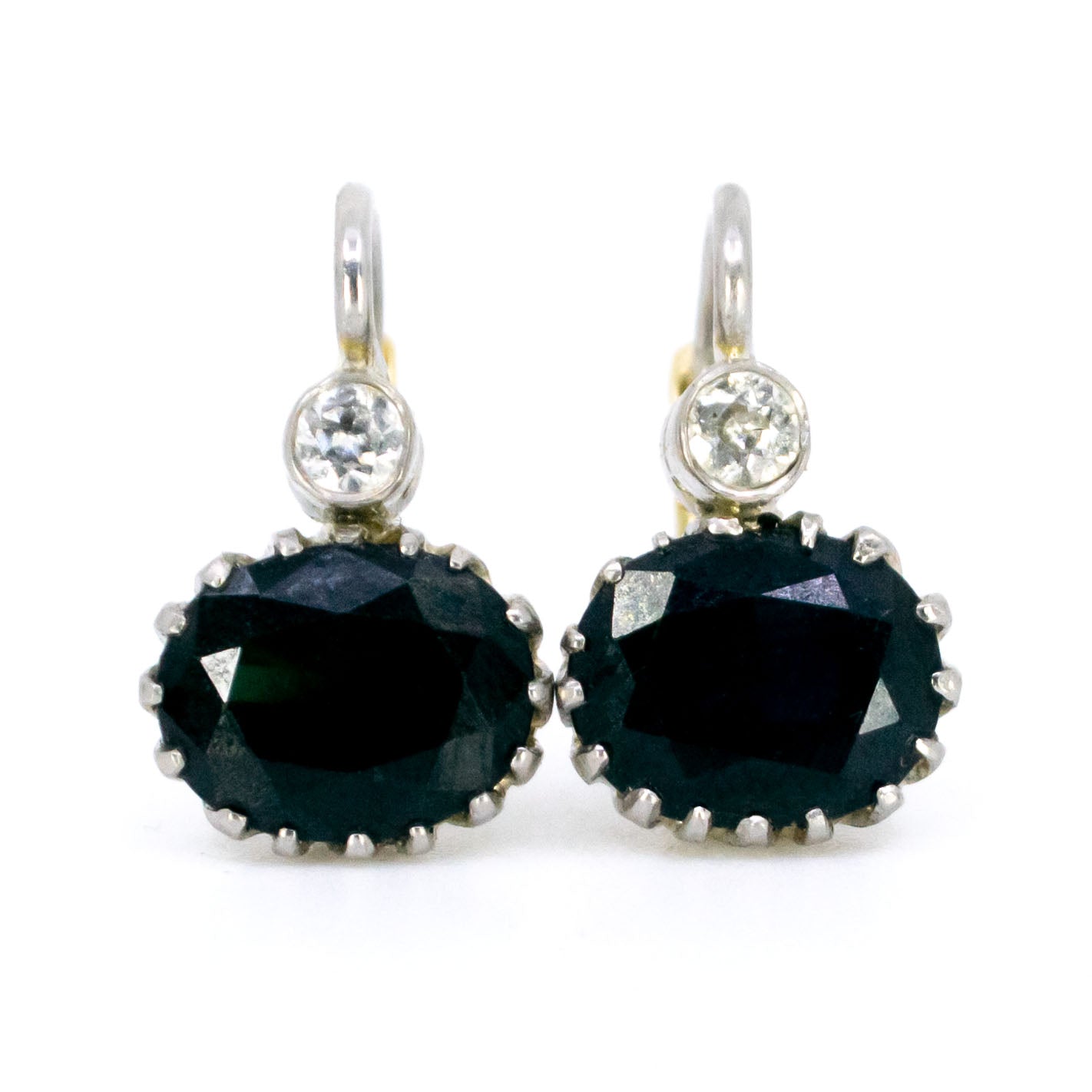 Vintage Platinum, 14 Carat Gold, Sapphire and Diamond Pendant Earrings