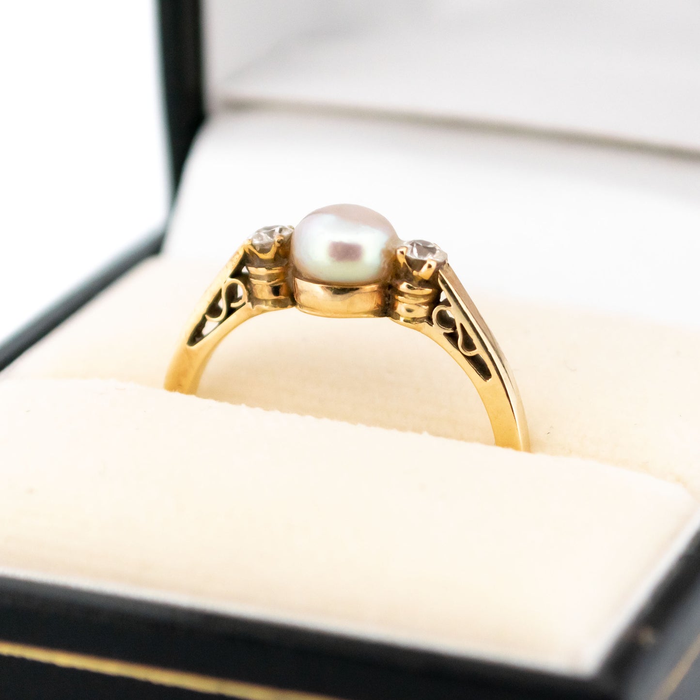 Victorian 9 Carat Yellow Gold 6mm Pearl and Diamond Three Stone Ring