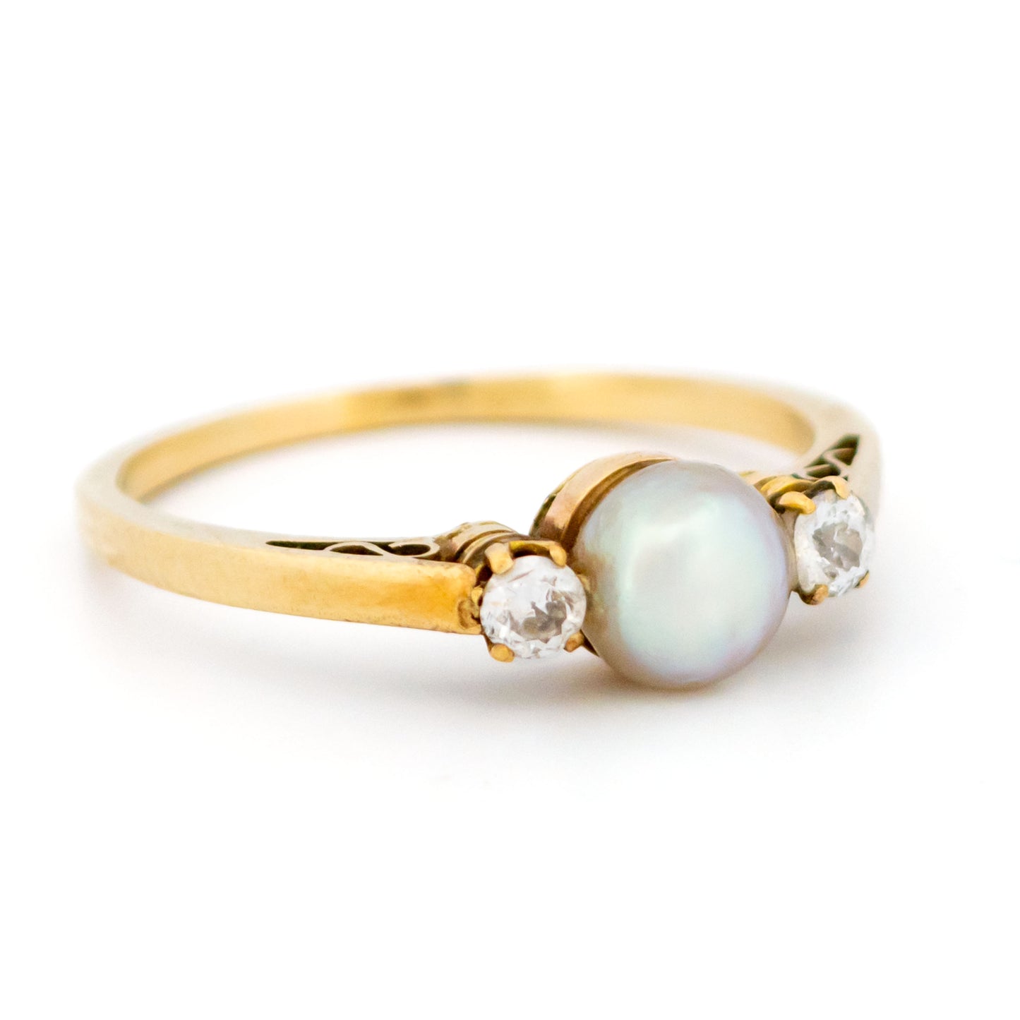 Victorian 9 Carat Yellow Gold 6mm Pearl and Diamond Three Stone Ring