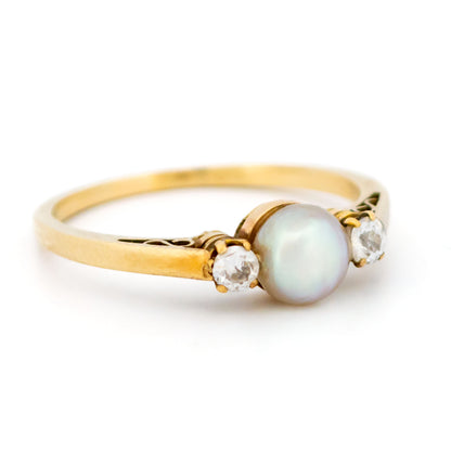 Victorian 9 Carat Yellow Gold 6mm Pearl and Diamond Three Stone Ring