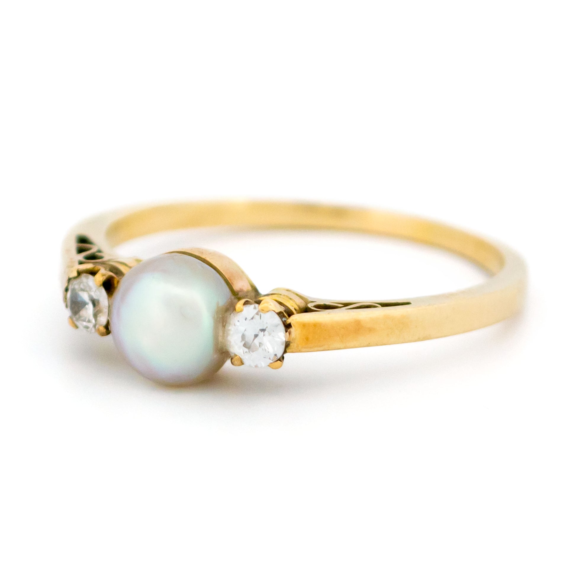 Victorian 9 Carat Yellow Gold 6mm Pearl and Diamond Three Stone Ring