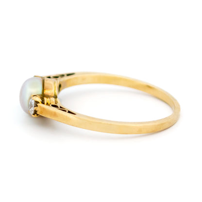Victorian 9 Carat Yellow Gold 6mm Pearl and Diamond Three Stone Ring