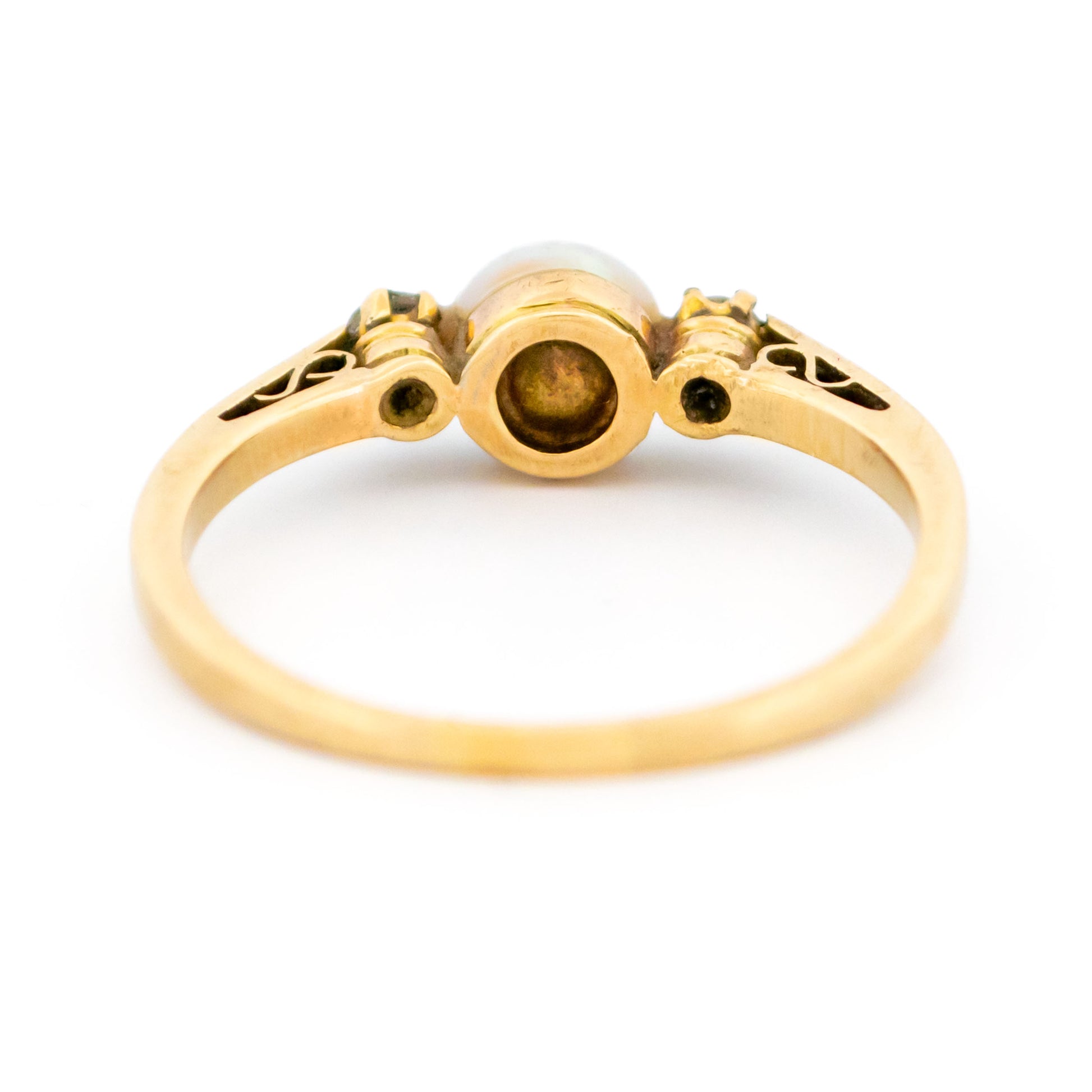Victorian 9 Carat Yellow Gold 6mm Pearl and Diamond Three Stone Ring