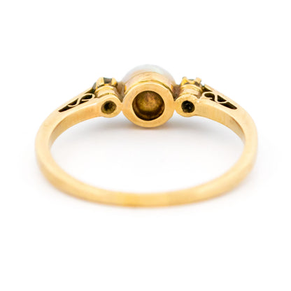 Victorian 9 Carat Yellow Gold 6mm Pearl and Diamond Three Stone Ring