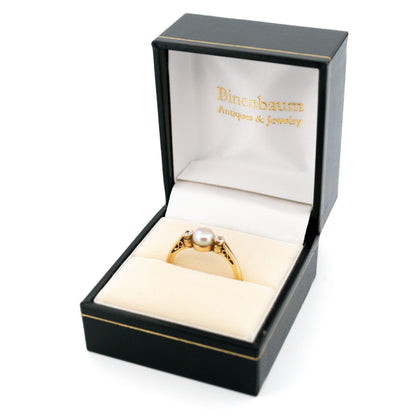 Victorian 9 Carat Yellow Gold 6mm Pearl and Diamond Three Stone Ring
