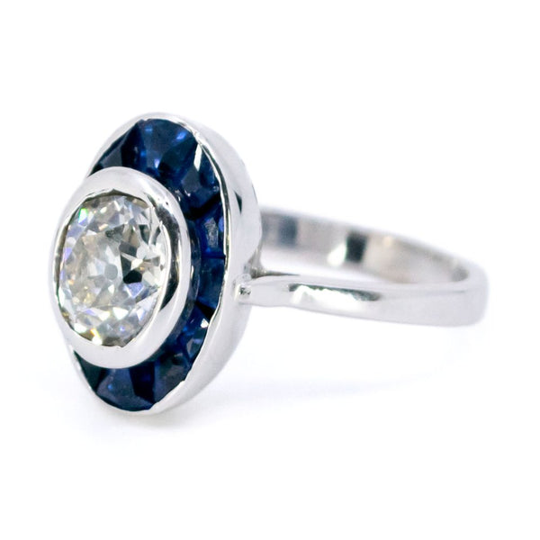 Vintage 1 Carat Old Cut Diamond And Sapphire Halo Ring In 18 Carat White Gold