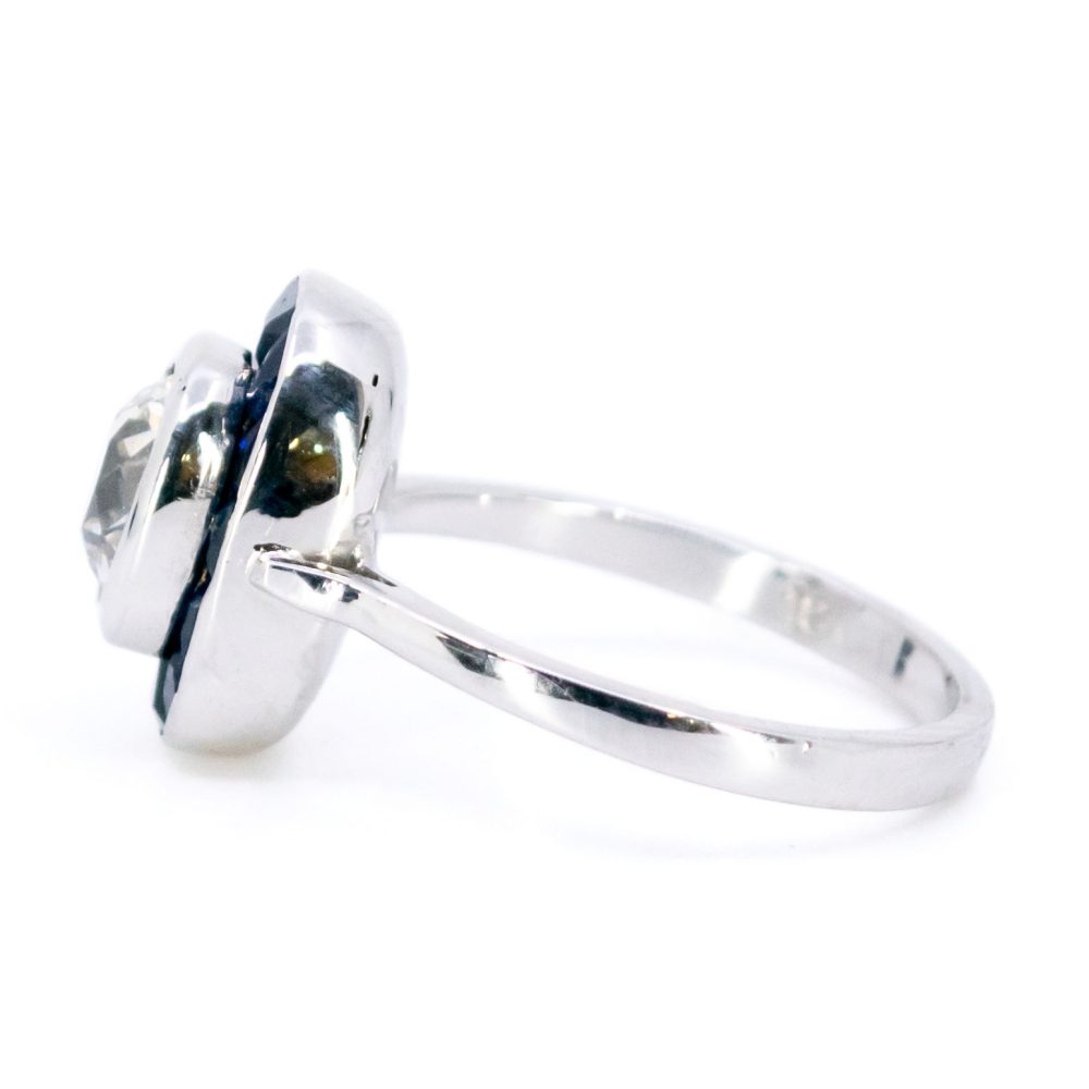 Vintage 1 Carat Old Cut Diamond And Sapphire Halo Ring In 18 Carat White Gold