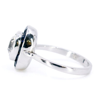 Vintage 1 Carat Old Cut Diamond And Sapphire Halo Ring In 18 Carat White Gold