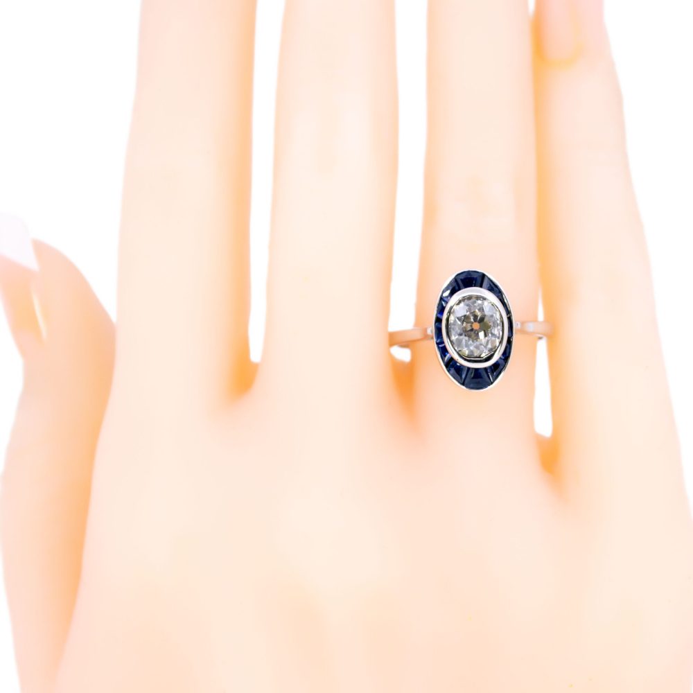 Vintage 1 Carat Old Cut Diamond And Sapphire Halo Ring In 18 Carat White Gold