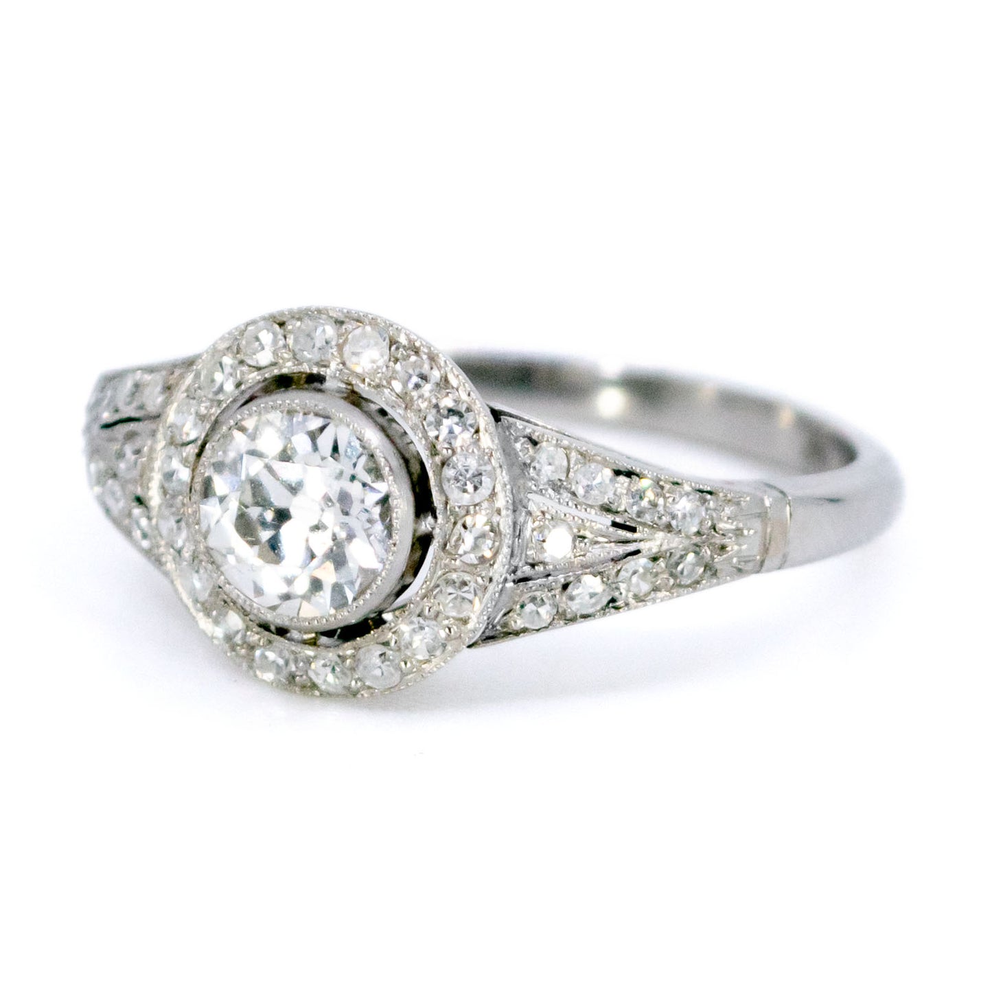 Vintage Platinum Old Mine-Cut Diamond Halo Cluster Ring, 0.65 Carat