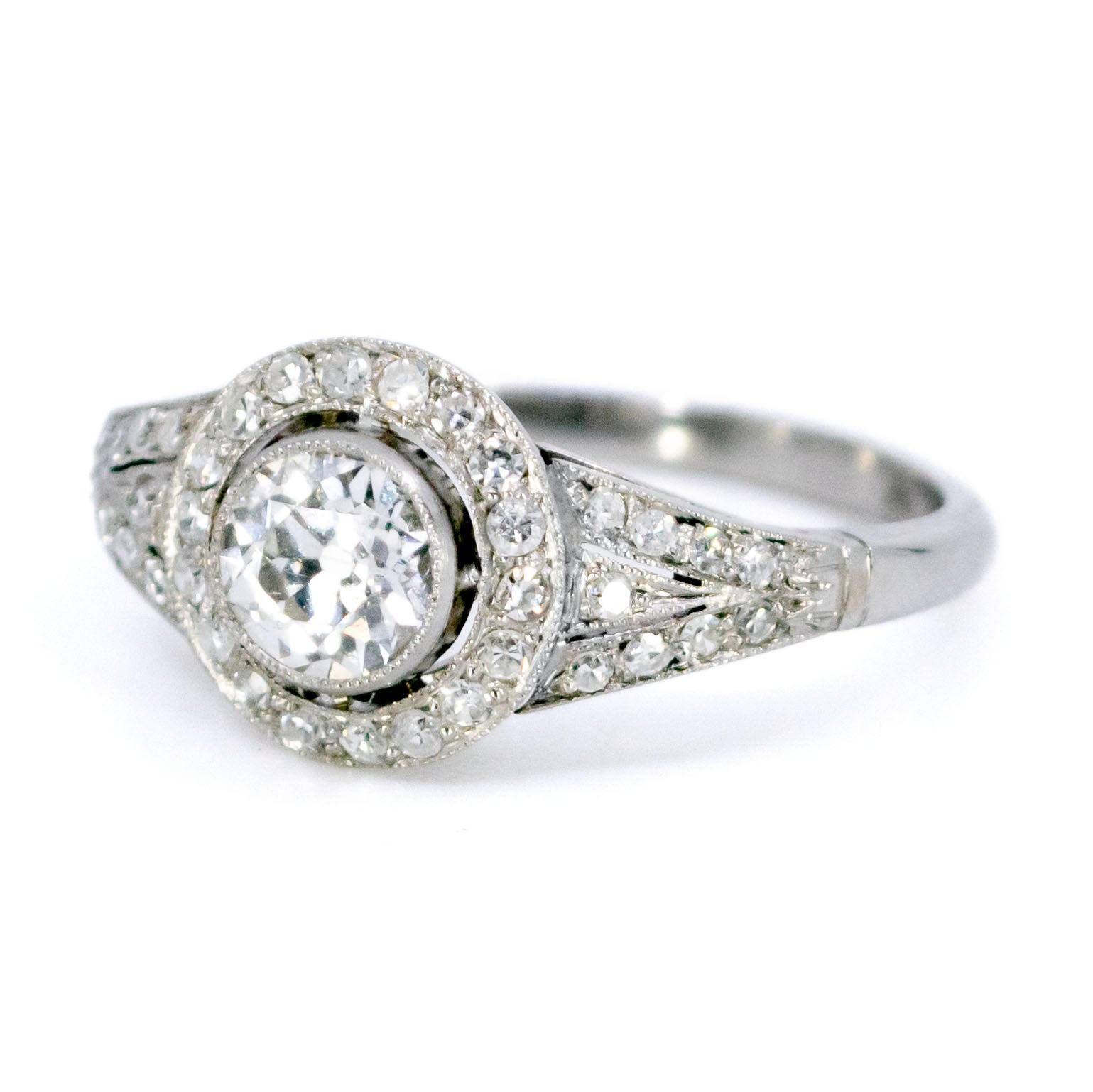 Vintage Platinum Old Mine-Cut Diamond Halo Cluster Ring, 0.65 Carat