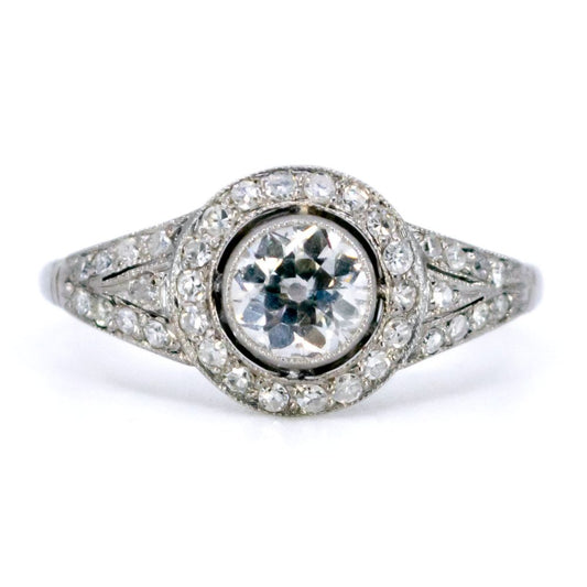 Vintage Old Cut Diamond Halo Ring In Platinum