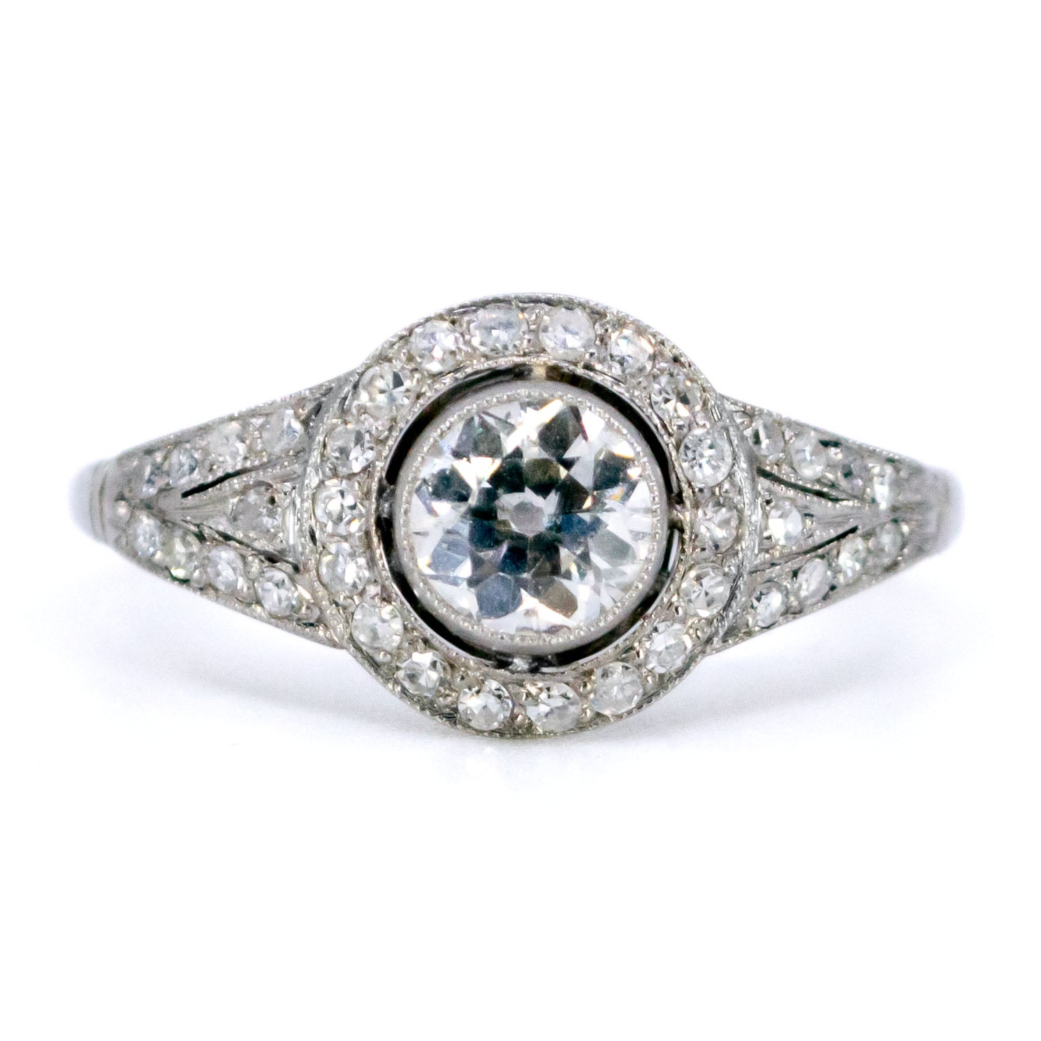 Vintage Platinum Old Mine-Cut Diamond Halo Cluster Ring, 0.65 Carat