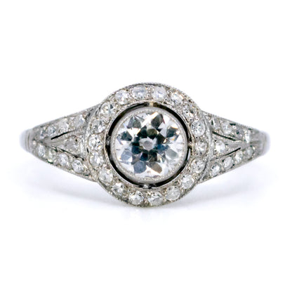 Vintage Platinum Old Mine-Cut Diamond Halo Cluster Ring, 0.65 Carat