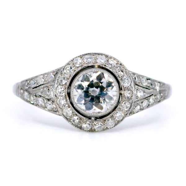 Vintage Platinum Old Mine-Cut Diamond Halo Cluster Ring, 0.65 Carat
