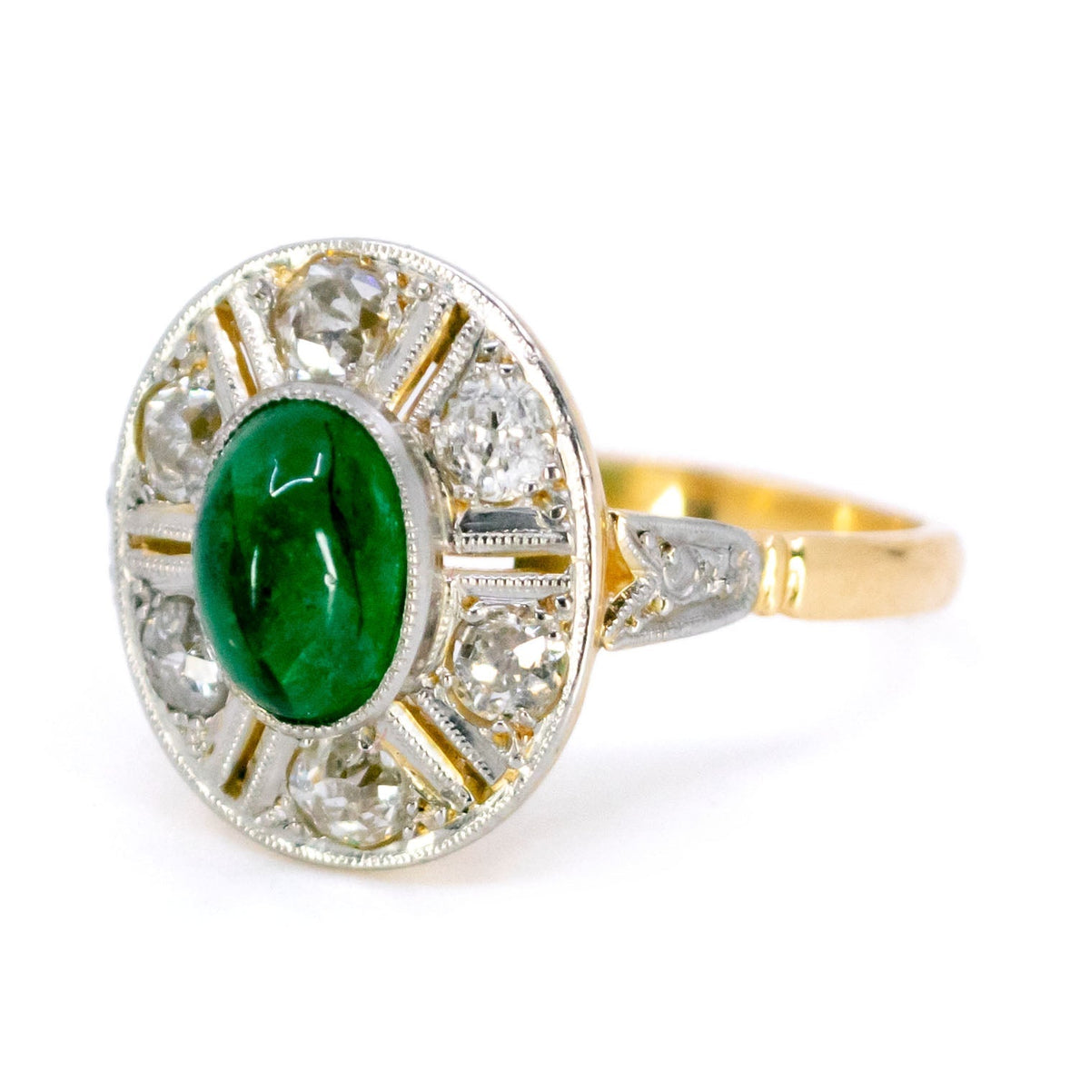 Art Deco 18 Carat Gold Cabochon-Cut Emerald and Old Mine-Cut Diamond Cluster Ring