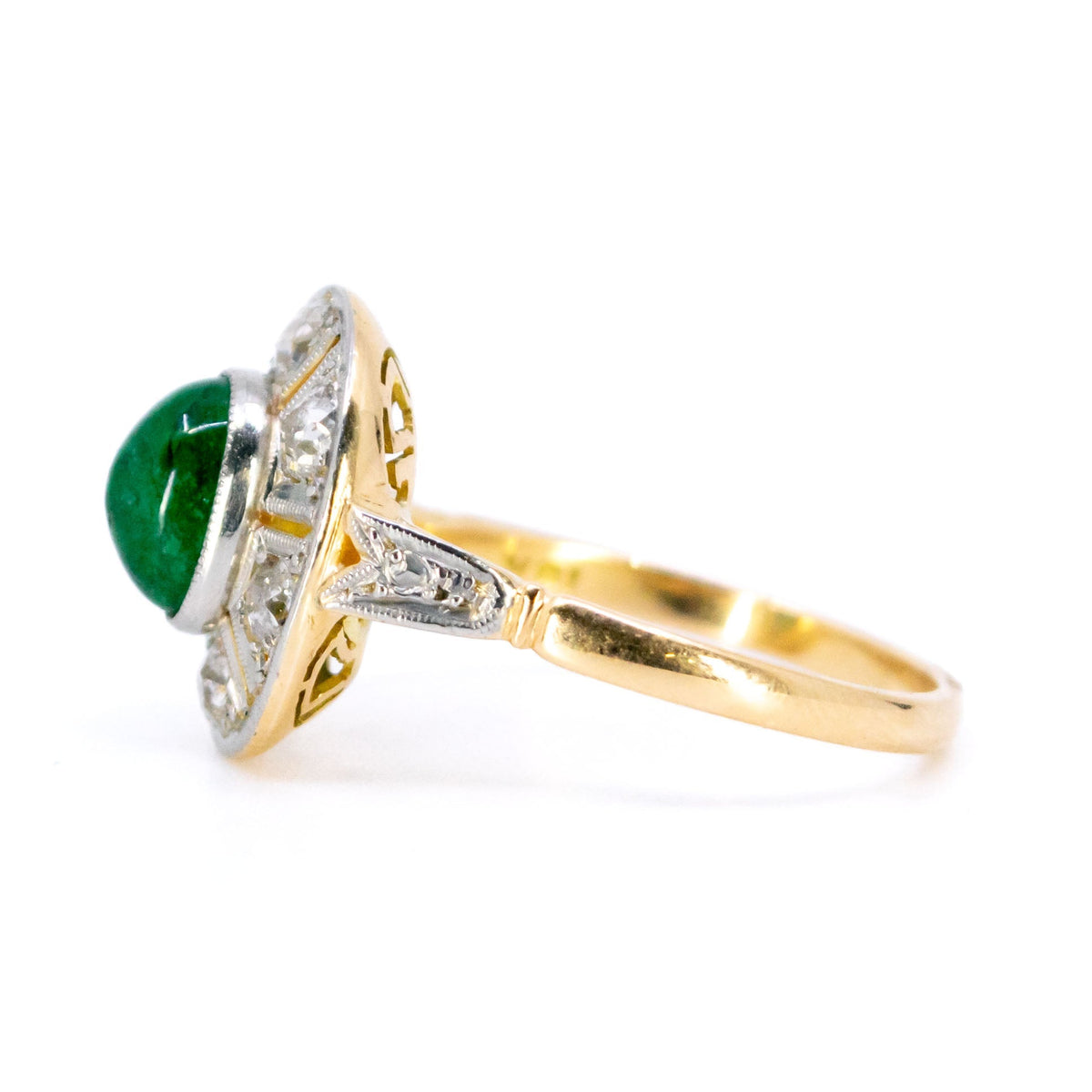 Art Deco 18 Carat Gold Cabochon-Cut Emerald and Old Mine-Cut Diamond Cluster Ring