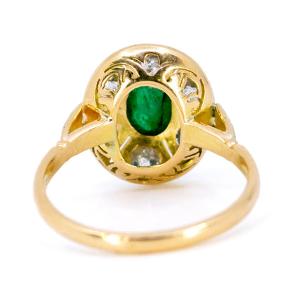 Art Deco 18 Carat Gold Cabochon-Cut Emerald and Old Mine-Cut Diamond Cluster Ring