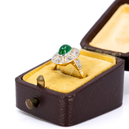 Art Deco 18 Carat Gold Cabochon-Cut Emerald and Old Mine-Cut Diamond Cluster Ring
